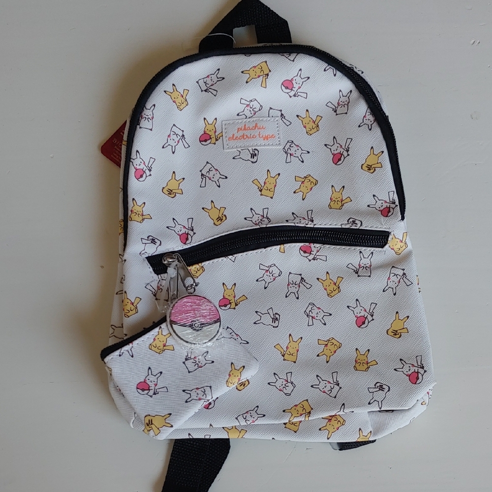 White and Black Kids Backpack with Pikachu Design